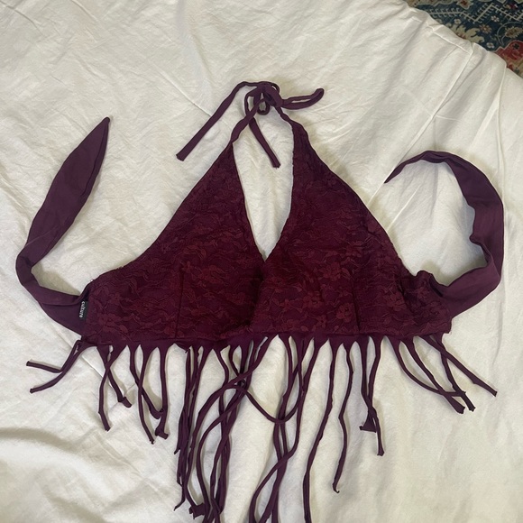 Burgundy Fringe Halter Crop Top - Picture 1 of 3